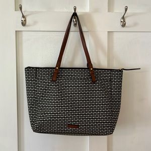 Fossil Tote Black w/White Key design and Brown Detail